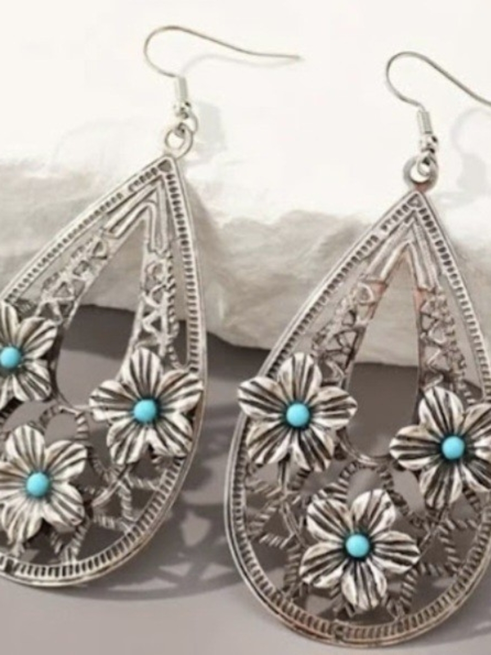 Wrangler Silver Floral Teardrop Earrings with Turquoise Centers